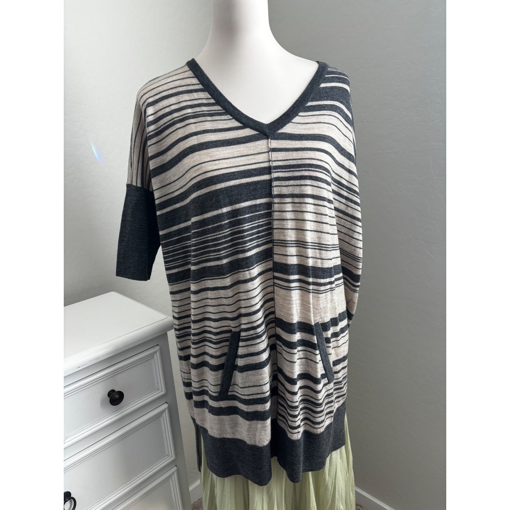Calvin Klein Striped V-Neck Short Sleeve Tunic in Black & Cream